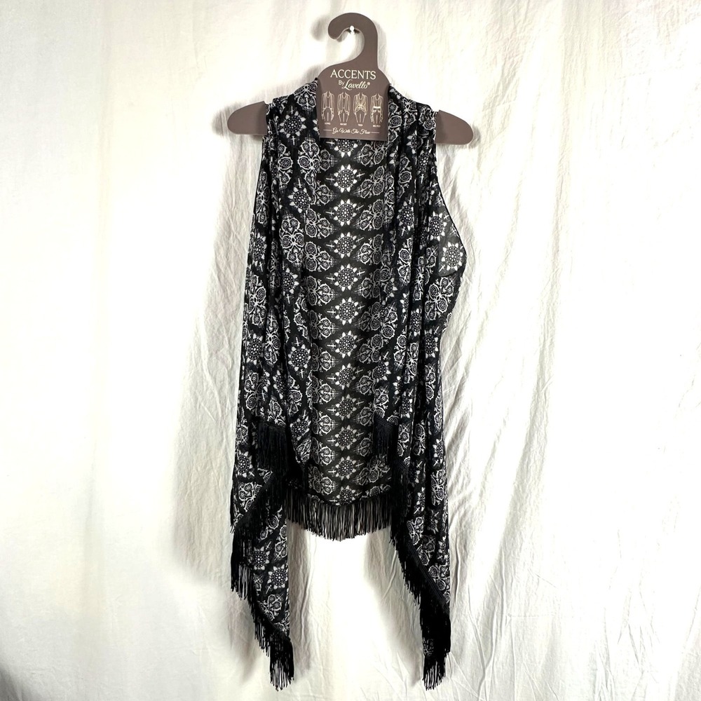 Lavello Fringe Vest Womens Black White Sheer‎ Boho Kimono Duster One Size Layer